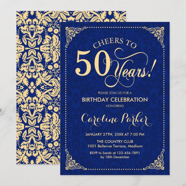 Invitation 50e anniversaire - Gold Navy Damask (Devant / Derrière)