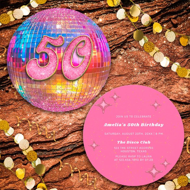 Invitation 50e anniversaire Gold Pink Parties scintillant Dis (Front/Back)