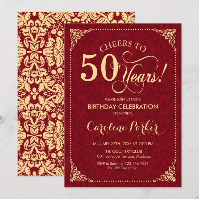 Invitation 50e anniversaire - Gold Red Damask (Devant / Derrière)