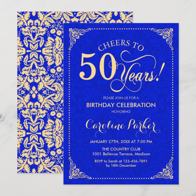 Invitation 50e anniversaire - Gold Royal Blue Damask (Devant / Derrière)