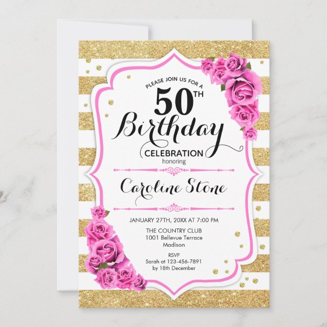 Invitation 50e anniversaire - Gold White Stripes rose Roses (Devant)