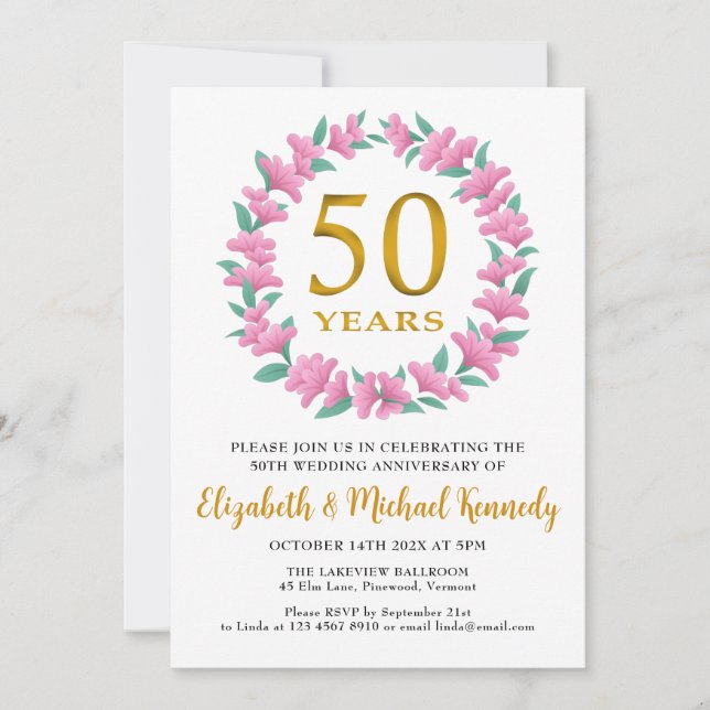 Invitation 50e anniversaire Golden Floral Wreath (Devant)
