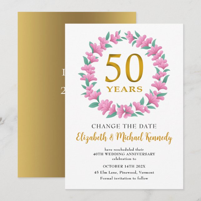 Invitation 50e anniversaire Golden Pink Floral Changement Dat (Devant / Derrière)