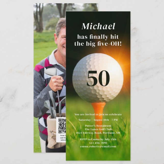 Invitation 50e Anniversaire Golf adulte Cinquante Photo QR Co (Devant / Derrière)