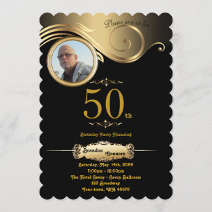 Invitation 50e,Anniversaire Homme de tous âges, art déco, or 