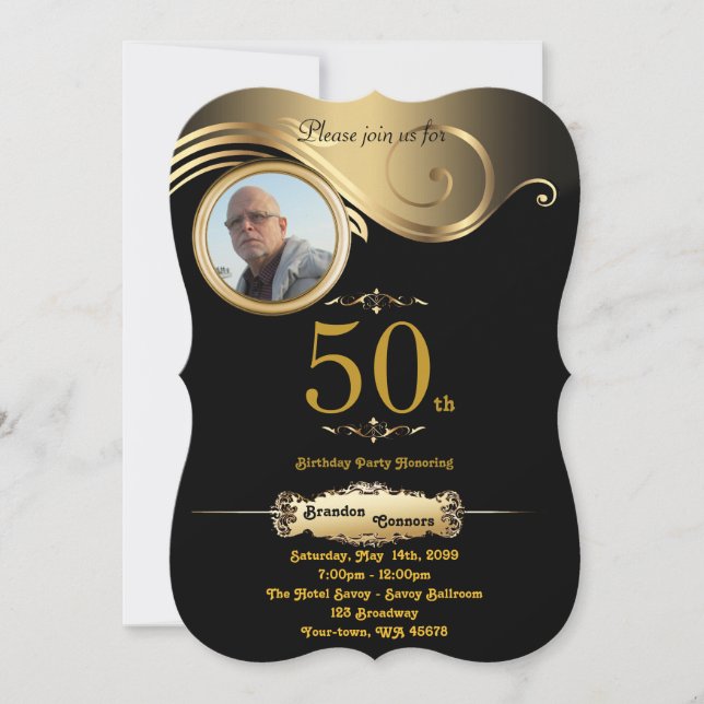 Invitation 50e, Anniversaire Homme de tout âge, art déco, or  (Devant)