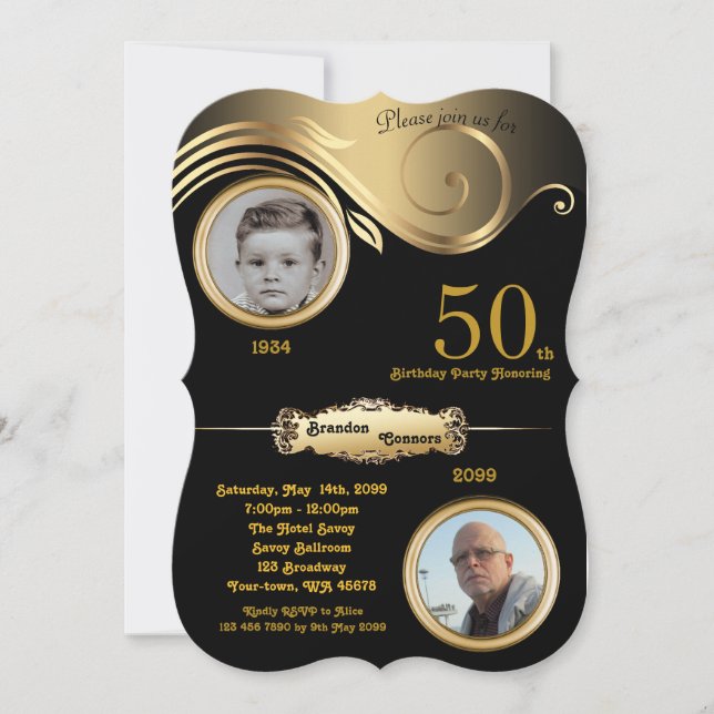 Invitation 50e, Anniversaire Homme de tout âge, art déco, or  (Devant)