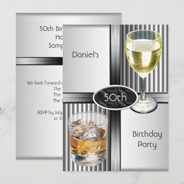 Invitation 50e anniversaire Hommes Boissons Métal Noir Argent (Devant / Derrière)