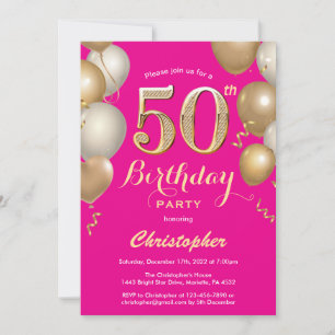 Invitation 50e Anniversaire Hot Pink et Gold Balloons Confett