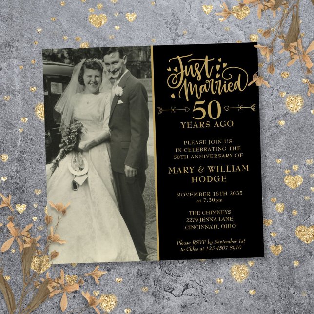 Invitation 50e anniversaire juste marié Mariage photo Carré (50th Anniversary Just Married Wedding Photo Square Invitation)