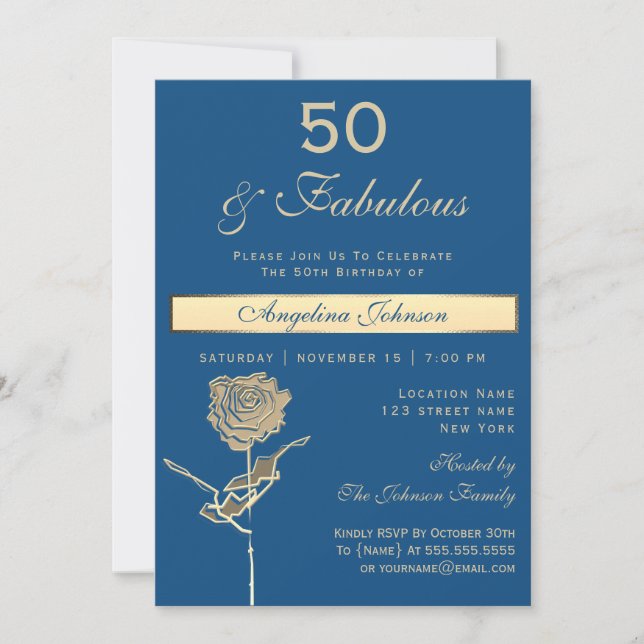 Invitation 50e anniversaire Luxe or et bleu classique (Devant)