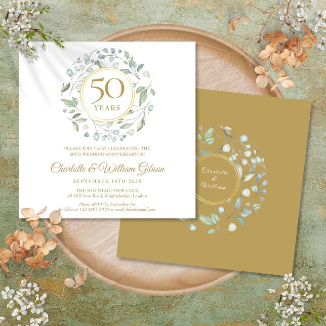 Invitation 50e anniversaire Mariage Carré de verdure fleurie (50th Wedding Anniversary Floral Greenery Square Invitation)