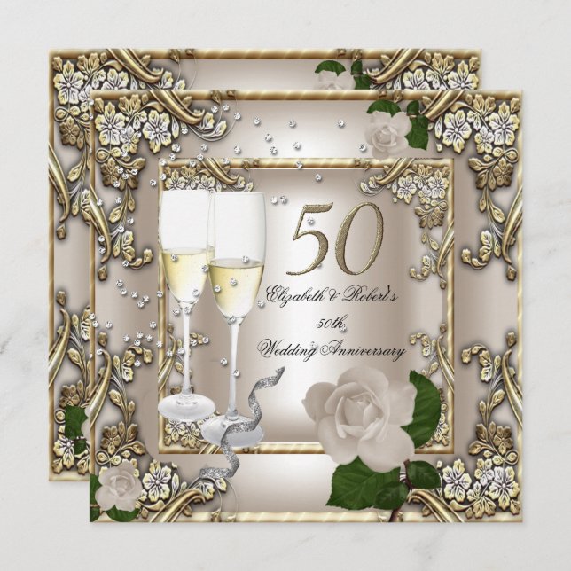 Invitation 50e Anniversaire Mariage Crème Rose Or Argent (Devant / Derrière)
