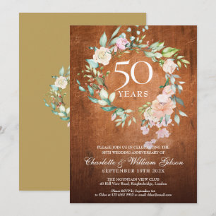 Invitation 50e anniversaire Mariage d'or Bois rustique Floral