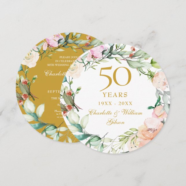 Invitation 50e anniversaire Mariage d'or Garland Rose (Devant / Derrière)