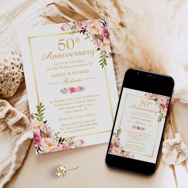 Invitation 50e anniversaire Mariage Elégant Chic Gold Floral (Créateur téléchargé)