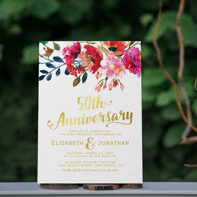 Invitation 50e anniversaire Mariage Elégant or floral (Créateur téléchargé)