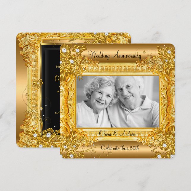 Invitation 50e anniversaire Mariage Gold Diamond Floral Photo (Devant / Derrière)