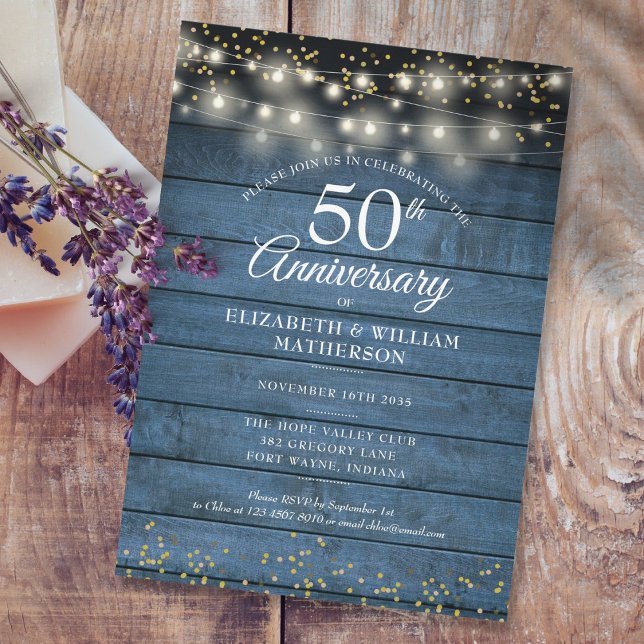 Invitation 50e anniversaire Mariage or cordes éclat rustique (Créateur téléchargé)