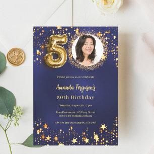 Invitation 50e anniversaire marine bleu or étoiles photo luxe