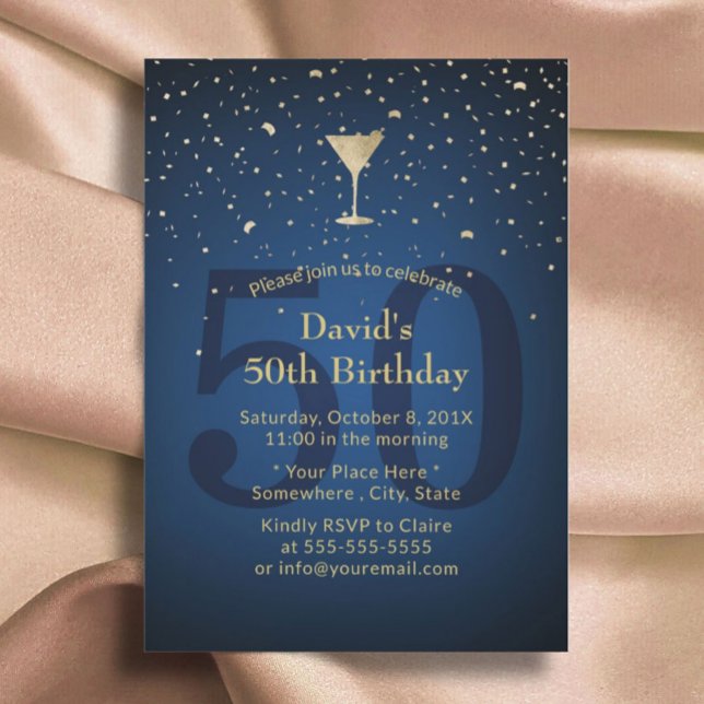 Invitation 50e anniversaire Marine Blue Modern Gold Cocktail  (Créateur téléchargé)