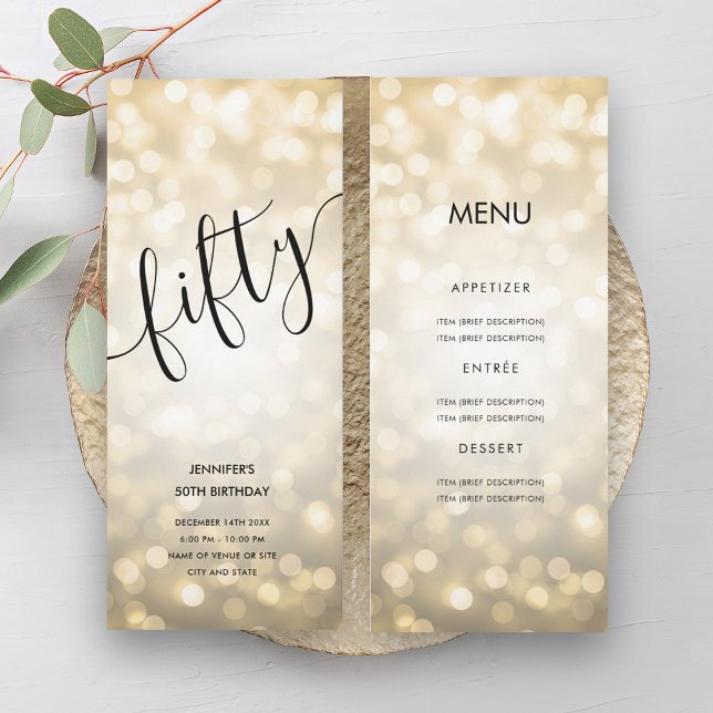 Invitation 50e Anniversaire Menu Gold Parties scintillant Lum (50th Birthday Menu Gold Glitter Lights Invitation)
