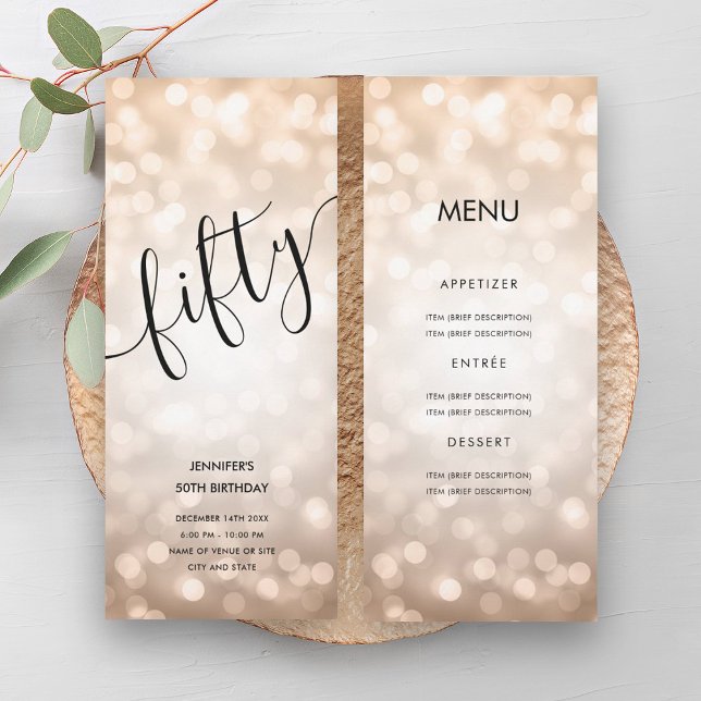 Invitation 50e anniversaire Menu Rose Gold Parties scintillan (50th Birthday Menu Rose Gold Glitter Lights Invitation)