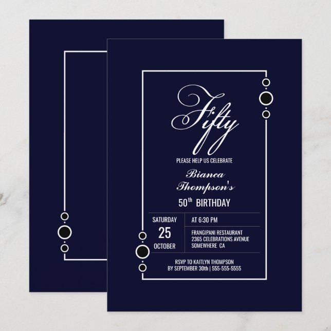 Invitation 50e anniversaire Modern Navy Blue Party (Devant / Derrière)