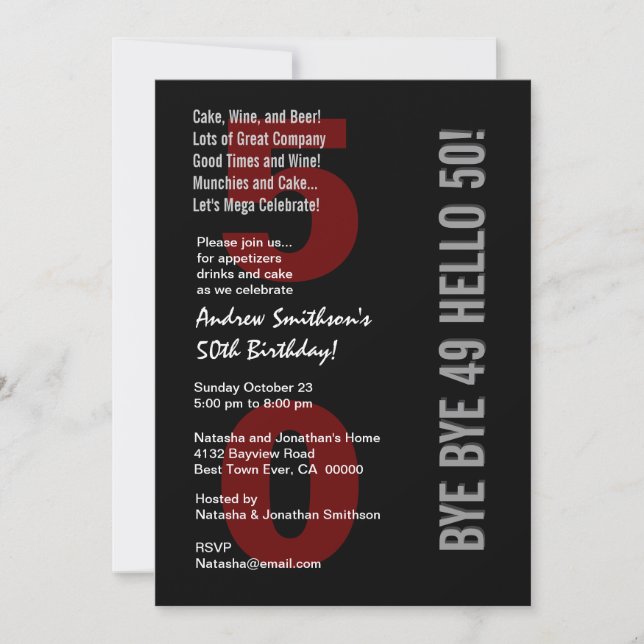 Invitation 50e anniversaire moderne Argent noir blanc rouge (Devant)