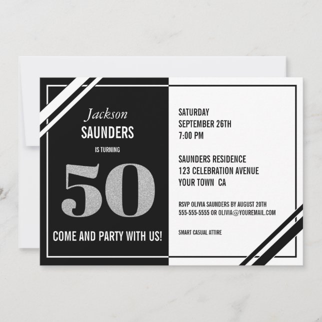 Invitation 50e anniversaire moderne Black and White Party (Devant)