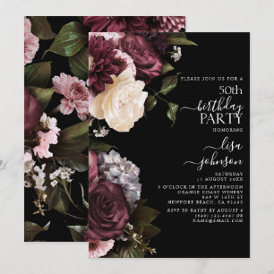 Invitation 50e anniversaire Moderne Dark Moody Bourgogne Flor