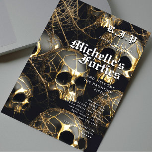 Invitation 50e anniversaire moderne Halloween Crâne d'or noir