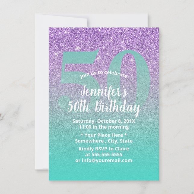 Invitation 50e anniversaire moderne violet et Parties scintil (Devant)