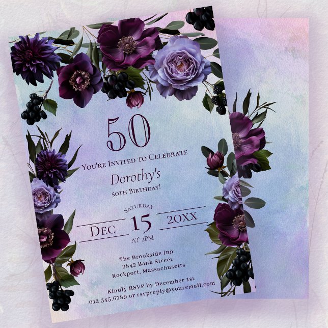 Invitation 50e anniversaire Moody Purple Gothic Flower (Créateur téléchargé)