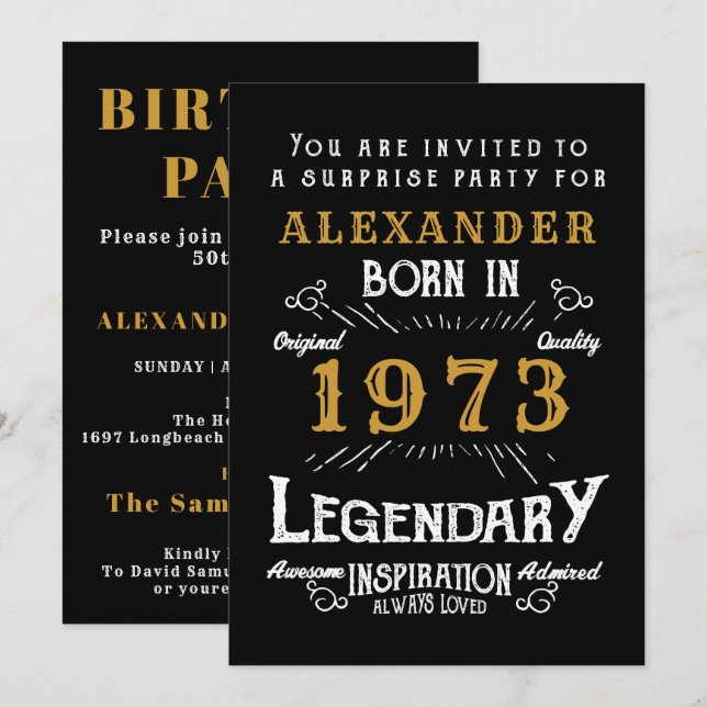 Invitation 50e anniversaire Né 1973 Black Gold Retro (Devant / Derrière)
