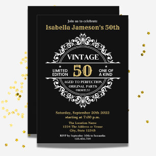 Invitation 50e Anniversaire Noir Blanc et Or Vintage 