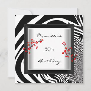 Invitation 50e Anniversaire Noir Blanc Rouge Zèbre Floral Asi
