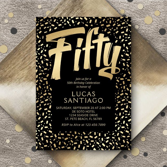 Invitation 50e anniversaire Noir Confetti Or (Créateur téléchargé)