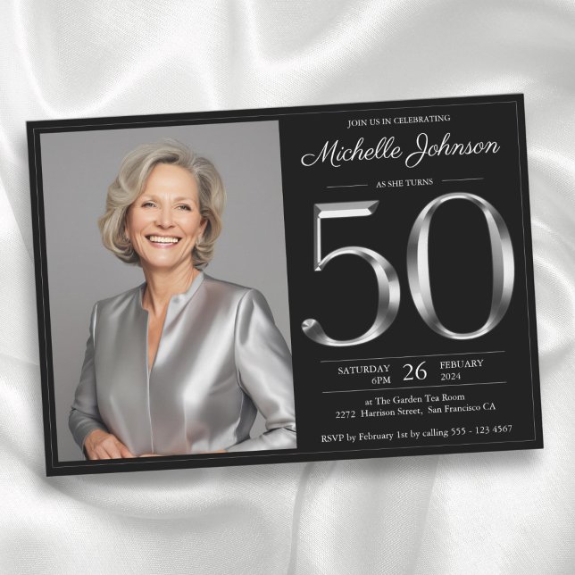 Invitation 50e anniversaire noir et argent (Black and Silver 50th Birthday Invitation)