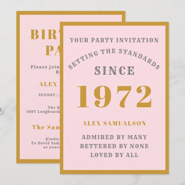 Invitation 50e anniversaire Nom 1972 Elegant Chic Pink Gold (Devant / Derrière)