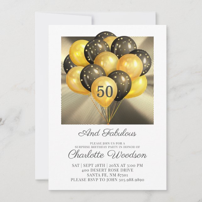 Invitation 50e Anniversaire Or Parties scintillant noire Méta (Devant)