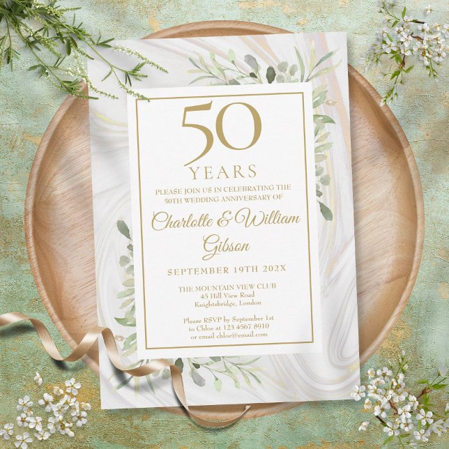 Invitation 50e Anniversaire Or Rose Marbre Feuillage (50th Gold Anniversary Rose Gold Marble Greenery Invitation)