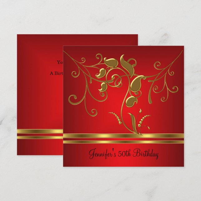 Invitation 50e anniversaire Or rouge Bijou floral noir (Devant / Derrière)