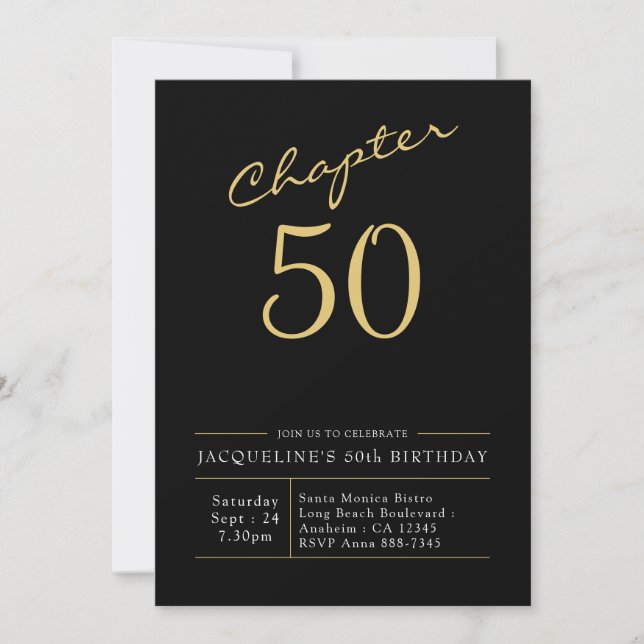 Invitation 50e Anniversaire Or Script moderne Noir (Devant)
