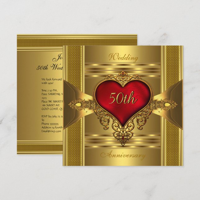 Invitation 50e Anniversaire Ornate Rouge Bijoux Coeur Or 2 (Devant / Derrière)