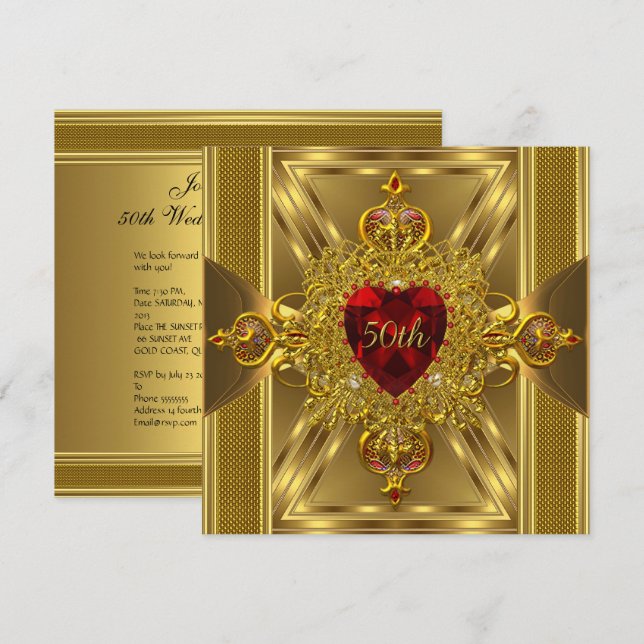 Invitation 50e Anniversaire Orné Rouge Bijou Cœur Or (Devant / Derrière)