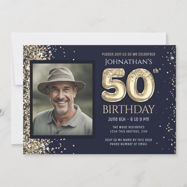Invitation 50e anniversaire Parties scintillant d'or bleu fêt (Devant)