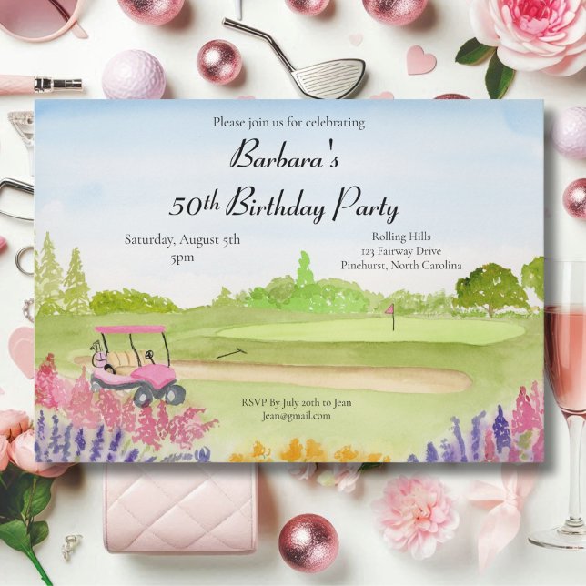 Invitation 50e Anniversaire Party Pink Golf Cart Golf Course (Créateur téléchargé)