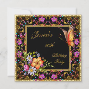 Invitation 50e anniversaire Pink Floral Butterfly Gold Black