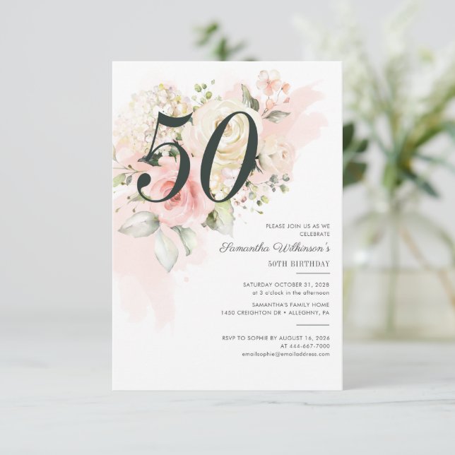 Invitation 50e anniversaire Pink Floral Greenery Botanical (Debout devant)